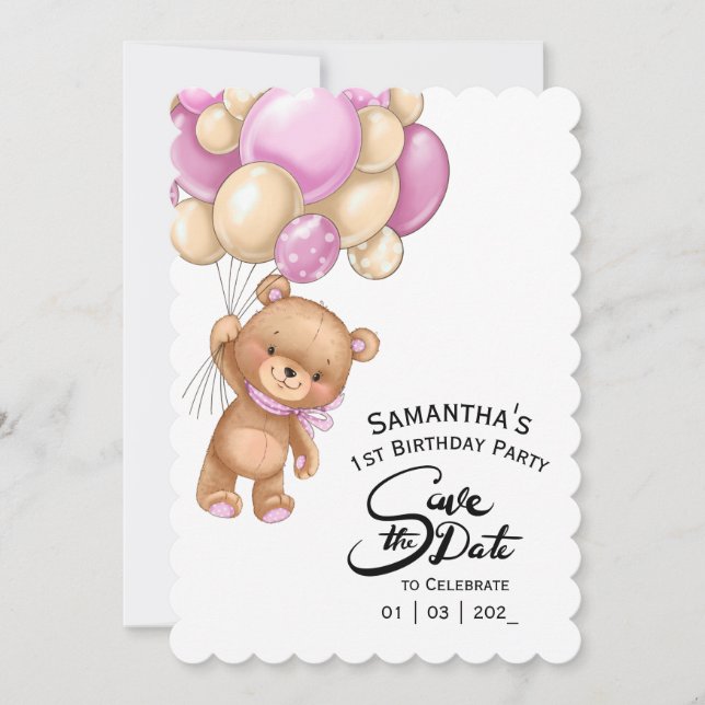Pink Bear Birthday Girl  Invitation (Front)