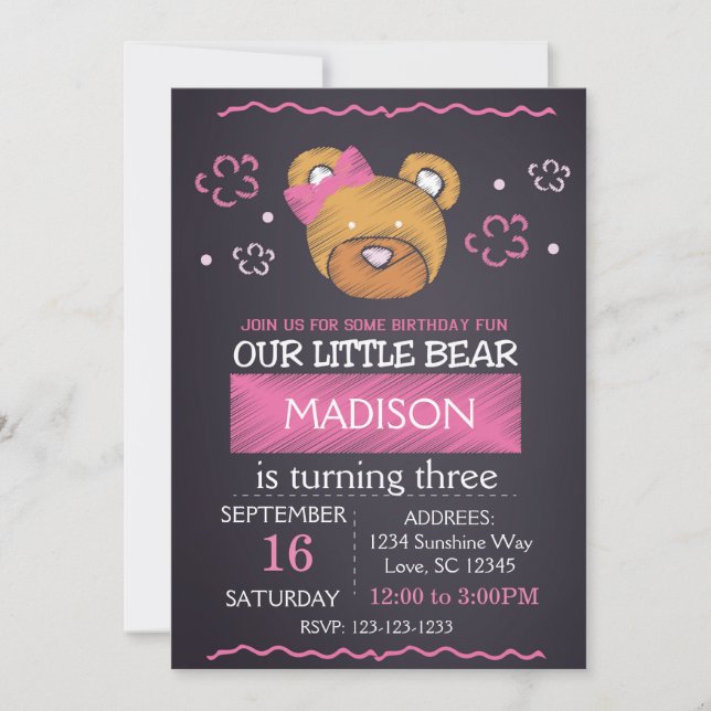 Pink  Bear Birthday Invitation (Front)
