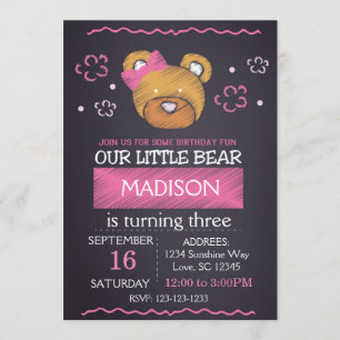 Pink Bear Birthday Invitation