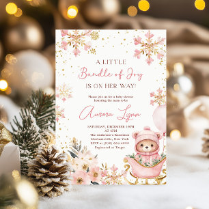 Pink Bear Christmas Winter Girl Baby Shower  Invitation