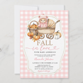 Pink Bear Fall Baby Shower Baby Carriage Invitation