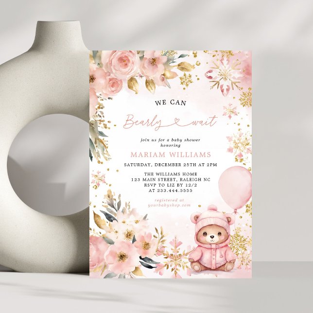 Pink Bear Floral Christmas Winter Girl Baby Shower Invitation (Creator Uploaded)