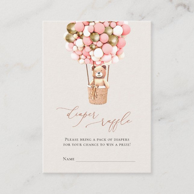 Pink Bear Girl Balloons Diaper Raffle Tickets Enclosure Card (Front)