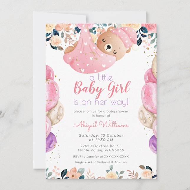 Pink Bear Girl on Her Way, Floral Baby Shower Invitation (Front)
