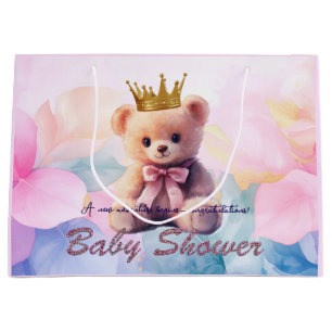 Pink Bear Gold Crown It's a Girl Large Gift Bag