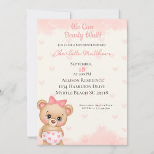 Pink Bear Hearts We Can Bearly Wait Baby Shower Invitation