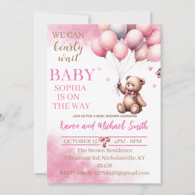 Pink Bear Hot Air Balloon Baby Shower Set Invitati Invitation (Front)