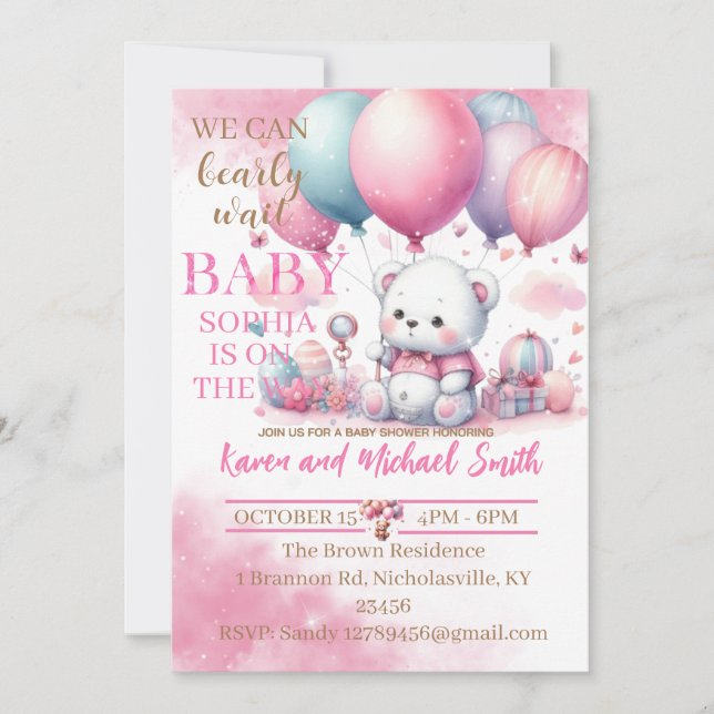 Pink Bear Hot Air Balloon Baby Shower Set Invitati Invitation (Front)
