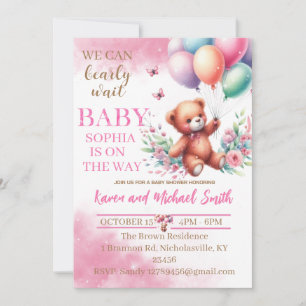 Pink Bear Hot Air Balloon Baby Shower Set Invitati Invitation