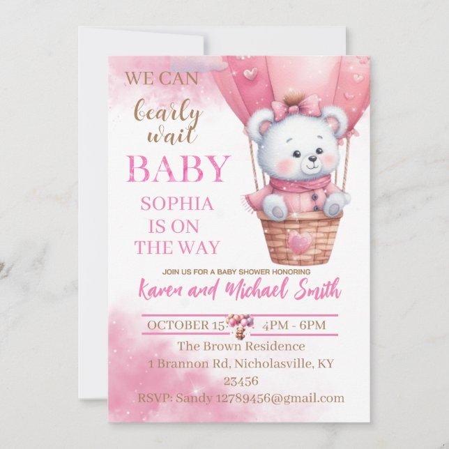 Pink Bear Hot Air Balloon Baby Shower Set Invitati Invitation (Front)