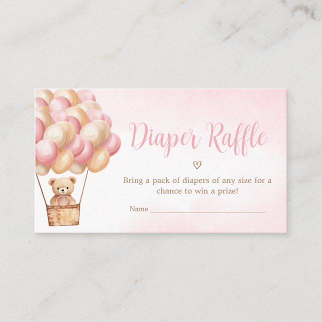 Pink Bear Hot Air Balloon Diaper Raffle Enclosure Card (Front)