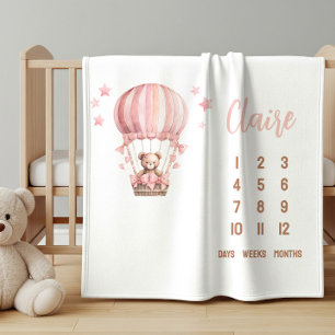 Pink Bear in Hot Air Balloon Baby Milestone Fleece Blanket