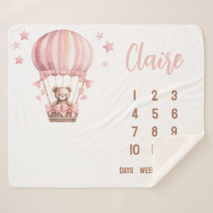 Pink Bear in Hot Air Balloon Baby Milestone Sherpa Blanket