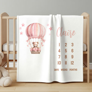 Pink Bear in Hot Air Balloon Baby Milestone Sherpa Blanket