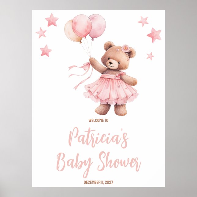 Pink Bear in Hot Air Balloon Baby Shower Welcome Poster (Front)