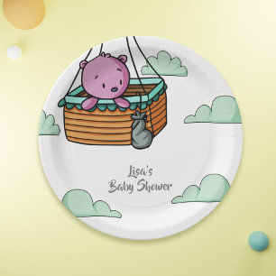 Pink Bear in Hot Air Balloon Basket Baby Shower Paper Plate