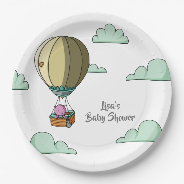 Pink Bear in Hot Air Balloon Cartoon Baby Shower Paper Plate (Front)