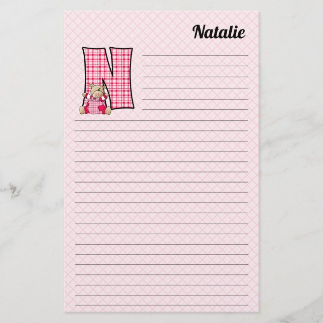 Pink Bear Mongram "N" Lined Stationery (Front)