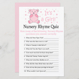 Pink bear Nursery Rhyme Quiz baby shower game