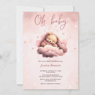 Pink bear on clouds baby birthday invitation