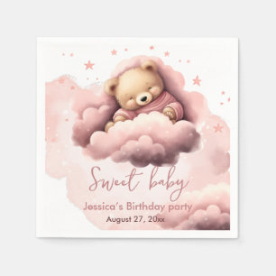 Pink bear on clouds baby birthday invitation napkin