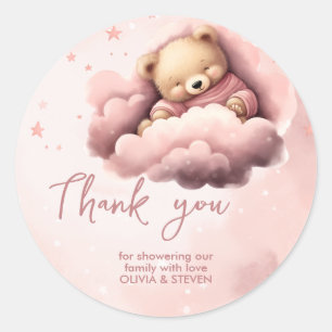 Pink bear on clouds baby shower invitation classic round sticker