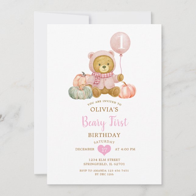 Pink Bear Pumpkin Fall Beary First Birthday  Invitation (Front)
