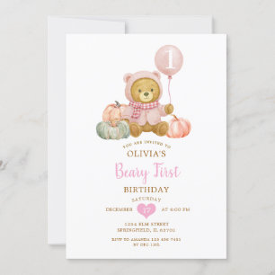 Pink Bear Pumpkin Fall Beary First Birthday  Invitation