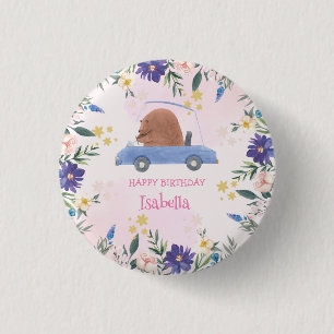 Pink Bear Race car Tropical flower Birthday party 3 Cm Round Badge