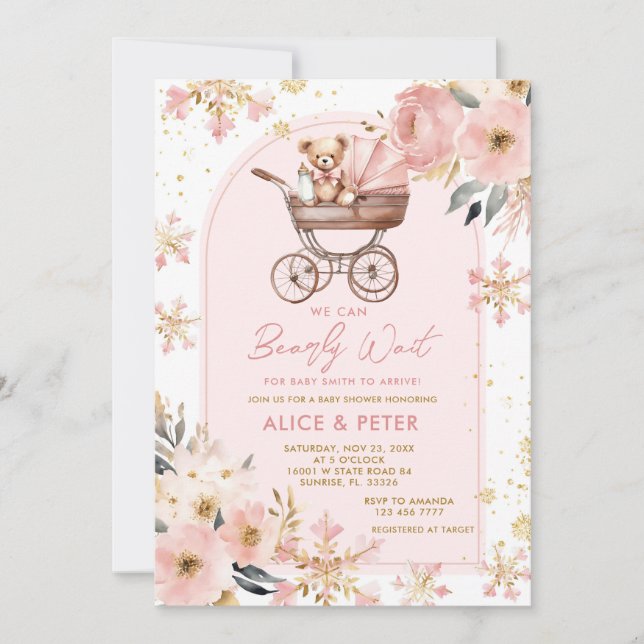 Pink Bear Stroller Girl Bearly Wait Baby Shower  Invitation (Front)