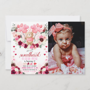 Pink Bear Sweetheart Valentine's Photo Birthday Invitation