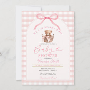 Pink Bear We Can Bearly Wait Baby Shower Invitation