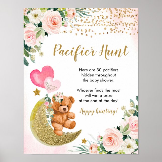 Pink Bearly Baby Shower Pacifier Hunt Poster (Front)