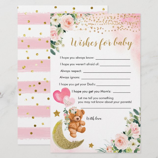 Pink Bearly Baby Shower Wishes For Baby (Front/Back)