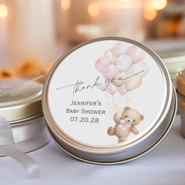 Pink Bearly wait Baby Girl Shower Favour Thank You Classic Round Sticker (Pink Bearly wait, Modern baby Girl Shower Thank You Sticker.)