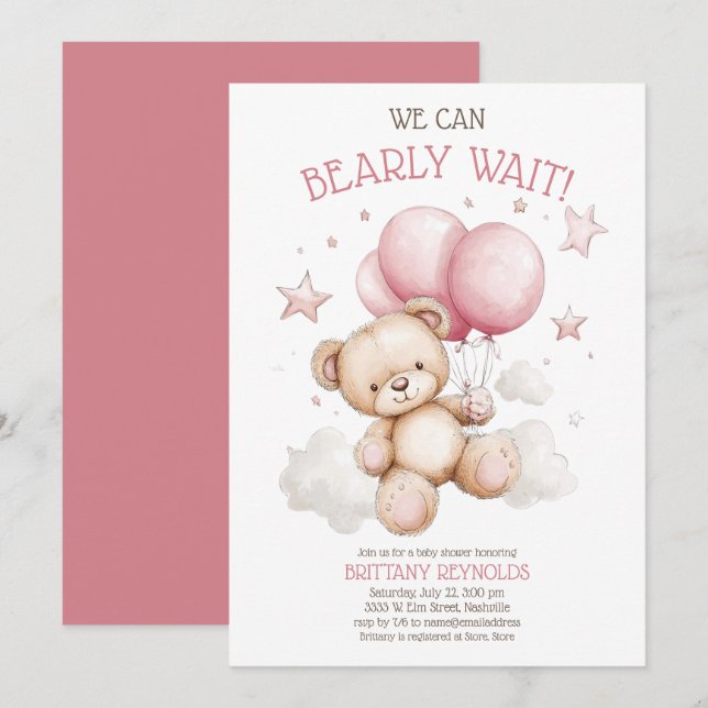 Pink Bearly Wait Bear Baby Shower Invitation (Front/Back)