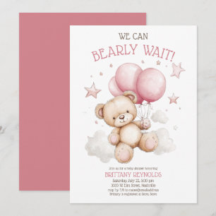 Pink Bearly Wait Bear Baby Shower Invitation