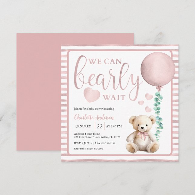 Pink Bearly Wait Girl Baby Shower Invitation (Front/Back)
