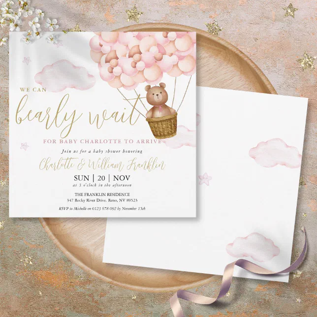 Pink Bearly Wait Teddy Bear Girl Baby Shower Invitation | Zazzle