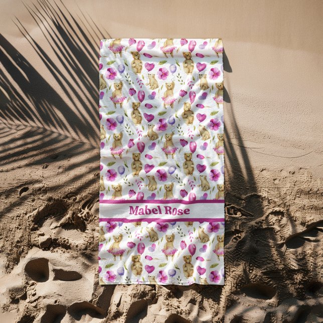 Pink Bears Balloons and Flowers Girl  Beach Towel (Creator Uploaded)