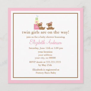 Pink Bears Twins Baby Shower Invitation