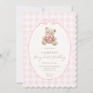 Pink Beary First Birthday Invitation