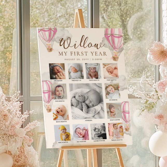 Pink Beary First Birthday Photo Timeline Poster (Creator Uploaded)