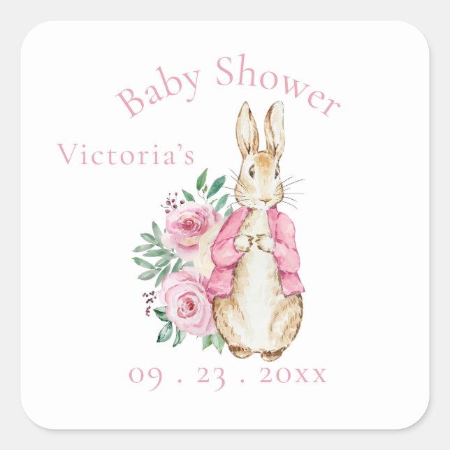 Pink Beatrix Potter Bunny Rabbit Baby Shower Square Sticker (Front)