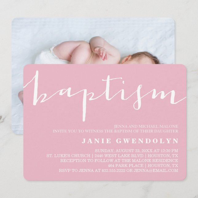 Pink Beautiful Calligraphy Baptism Invitation (Front/Back)