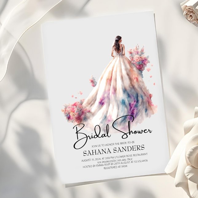 Pink Beautiful Floral Wedding Dress Bridal Shower Invitation (Creator Uploaded)