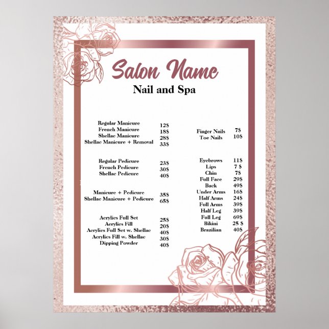 Pink Beauty Nail Salon Price List menu Poster (Front)