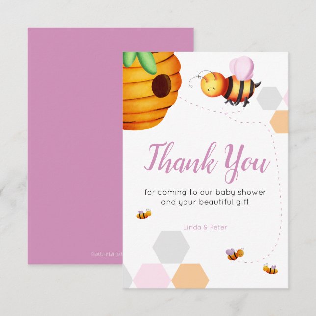 Pink Bee Baby Shower Thank You Card (Front/Back)