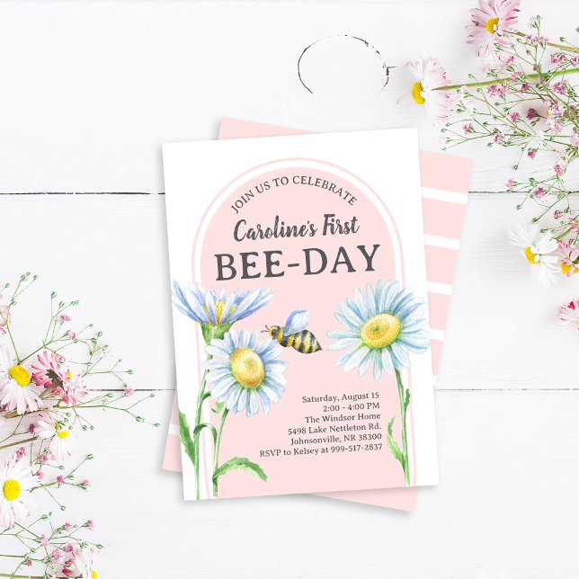 Pink Bee-Day Birthday Invitation with Daisies (Creator Uploaded)