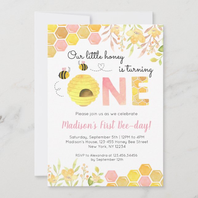 Pink Bee First 1st Birthday party invitations Girl (Front)
